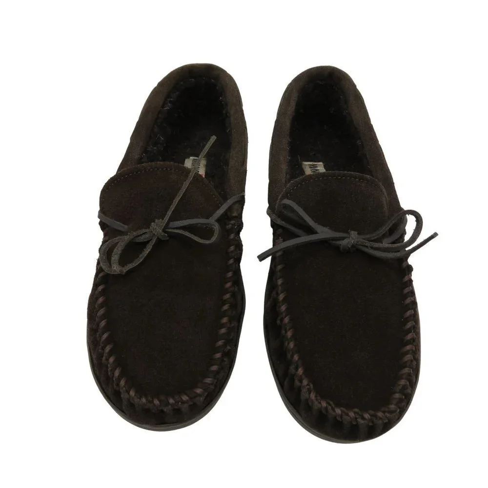 MINNETONKA Men's Dark Brown Suede Pile Lined Hardsole Moccasin Slippers 10